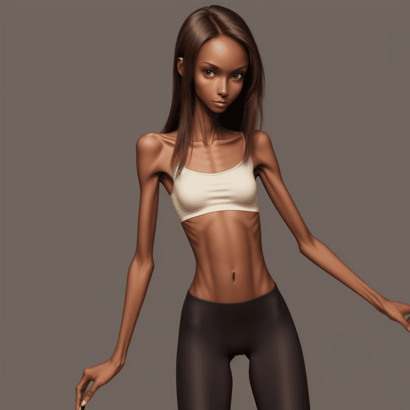 AI generated: extreme beautiful skinny brown skinned  slender face of skinny (almost anorexic) girl without a bra ...