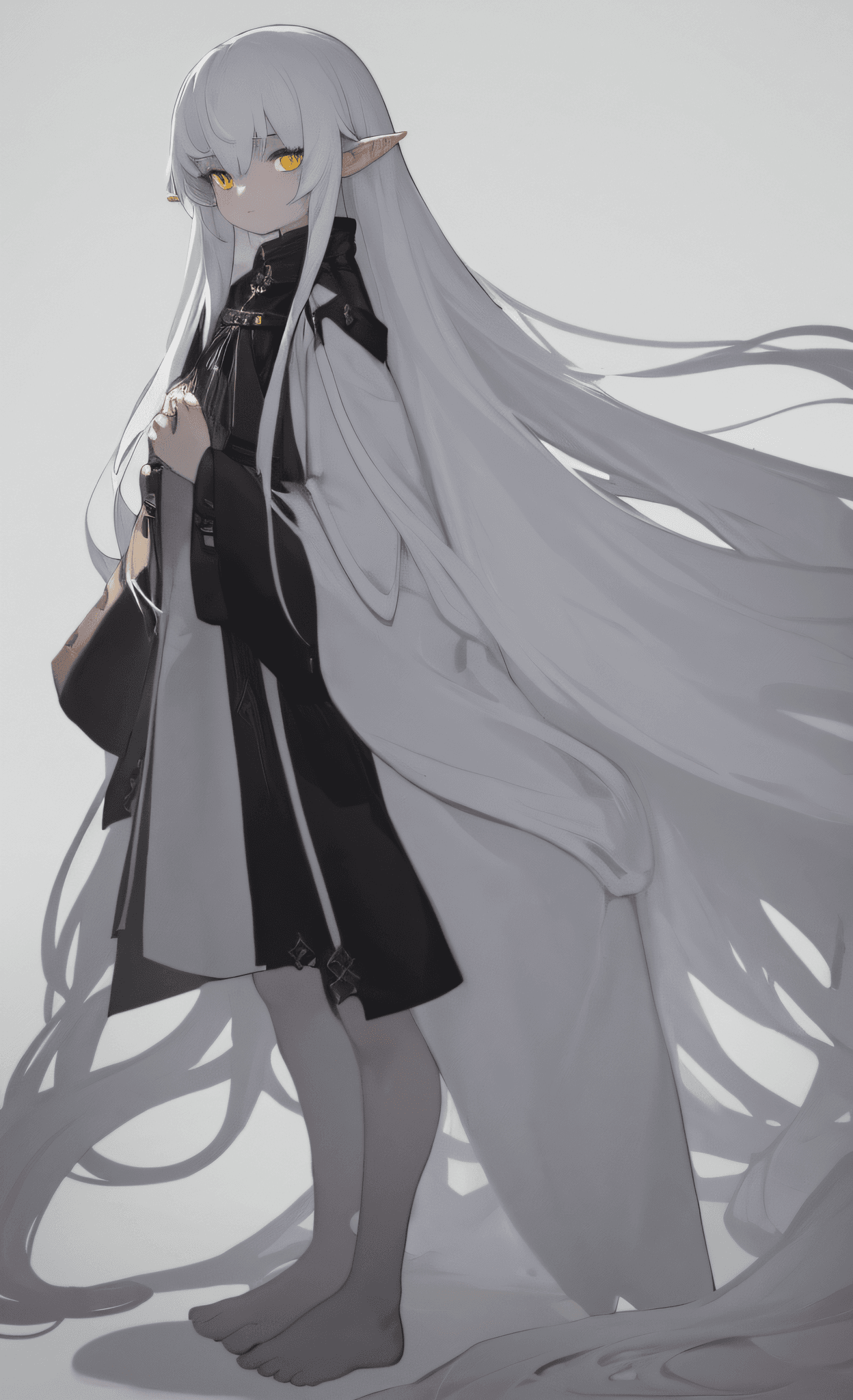 AI generated: white background, best quality, generation 4, 1boy, solo, white hair, yellow eyes, elf, pointy ears,...