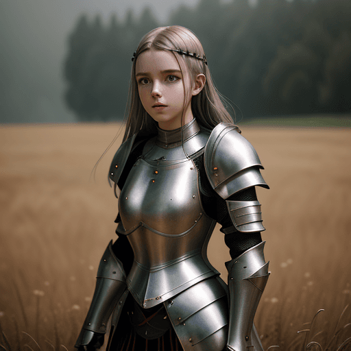 AI generated: Photo of a girl in medieval armor, subtle metal reflections, upper body, outdoors, field, overcast, ...