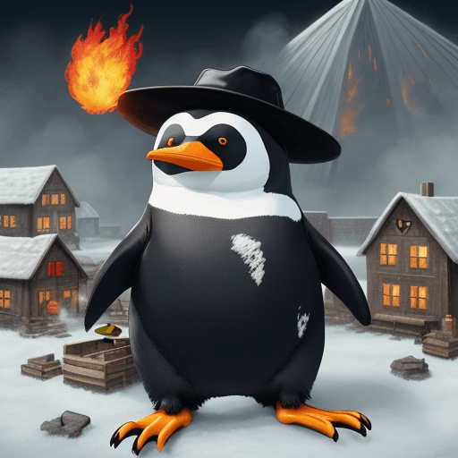 AI generated: penguin, spits fire, giant, destroying village, zylinder on hat