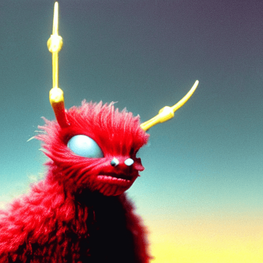 AI generated: 80s sci fi portrait of a red covid microbe with yellow eyes and spikes, designed by Weta Workshop, a...