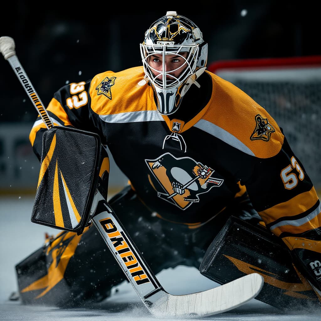 AI generated: picture of a ultra realistic  of a hockey goalie, the hockey jersey is black, yellow and grey and th...