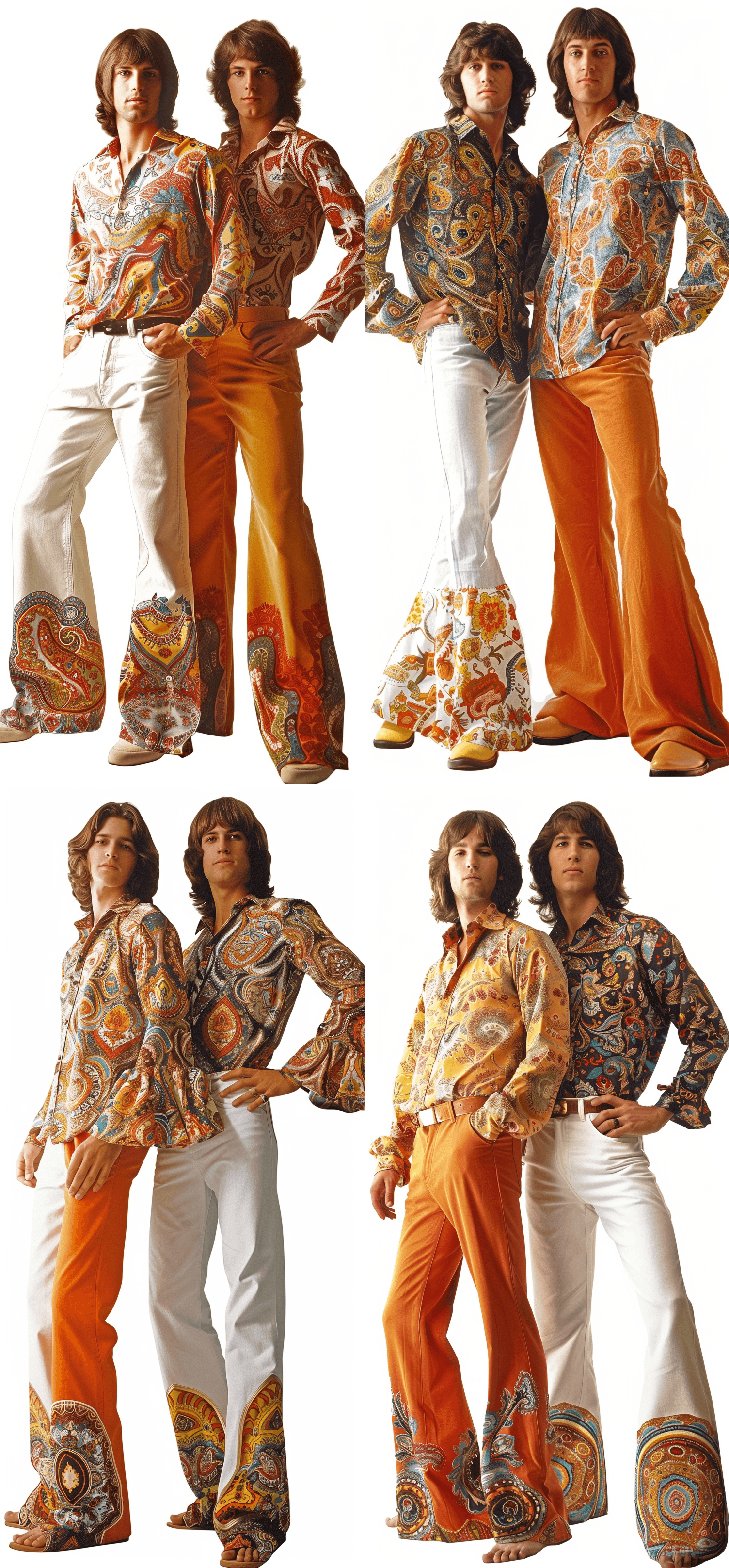 AI generated: Two men in bellbottom jeans and paisley shirts against a white background, in the style of 70s magaz...