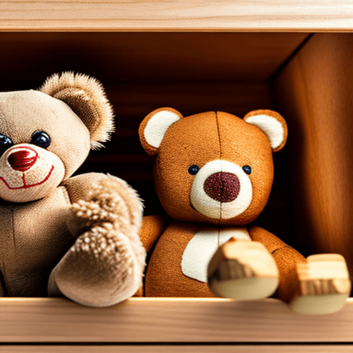 AI generated: view from 1 meter away of a large wooden toy box with a small puzzled teddy bear inside. high detail...