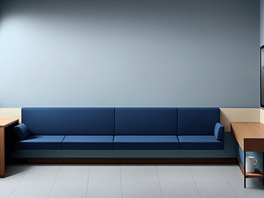 AI generated: medium rest room, in a blue tone, with sofa, bench with coffee, simple corporate environment, televi...