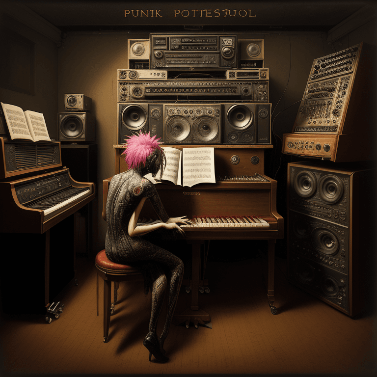 AI generated: music Album cover picture, punk, surreal art, oil picture, radio broadcast, piano, organ, radio stud...