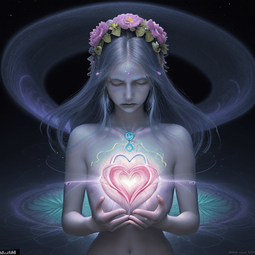 AI generated: A woman in sad pose in a cosmic place to loneliness on 12 petals heart chakra stellar meditations on...