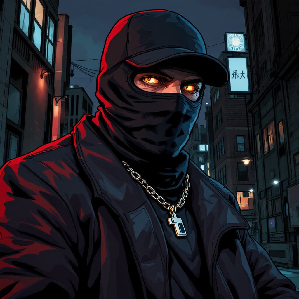 AI generated: Cartoon illustration of a man in a black mask with a chain around his neck holding a gun, gta chinat...