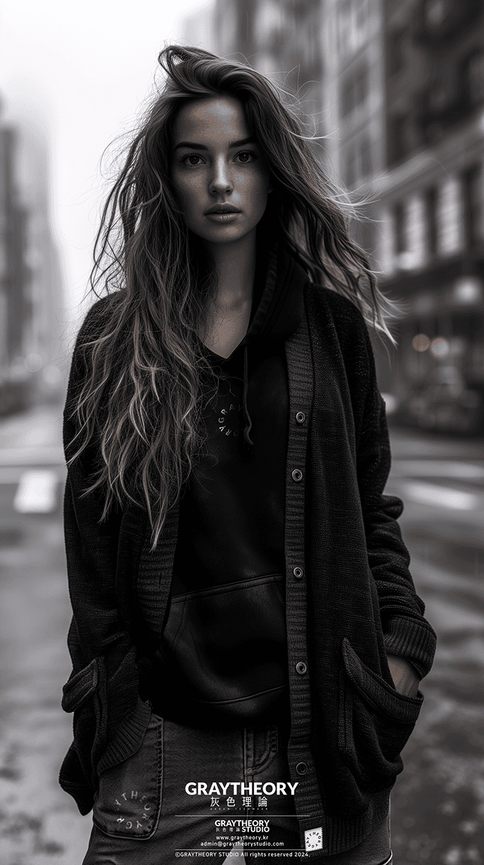AI generated: photography, in the city, woman, natural pose, Sony α9 II, Sony FE 100-400mm f/4.5-5.6 GM OSS lens, ...