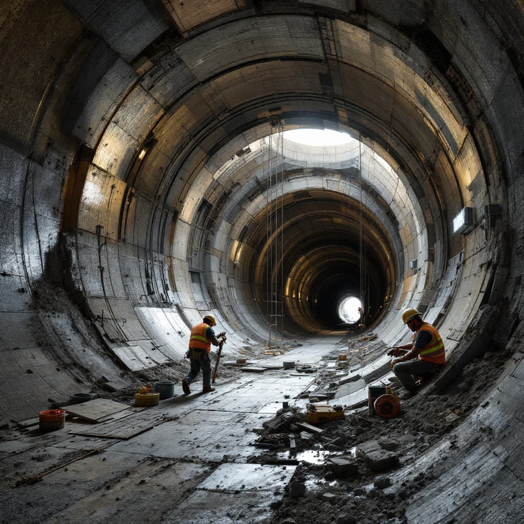 AI generated:  Construction workers drilling, panelling making semi circle medium sized dark but visible metro tun...