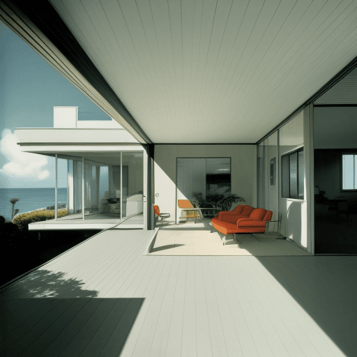 AI generated: Hyper realistic eye level exterior photo of a mid century modern style house overlooking the ocean, ...