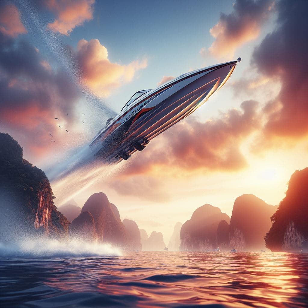 AI generated: image of a speedboat flipping over mid air
