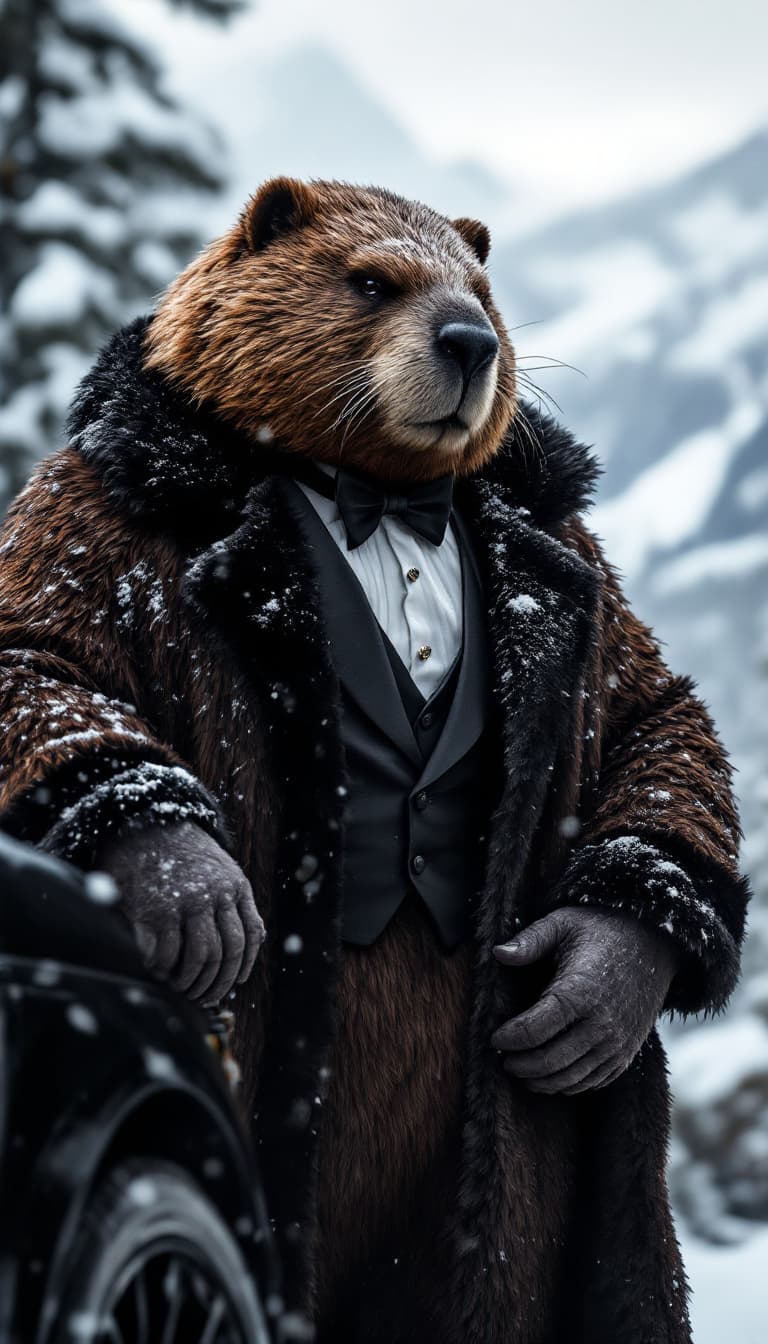 AI generated: A powerful anthropomorphic grizzly beaver in a black fur-lined tuxedo, standing next to a Canadian b...
