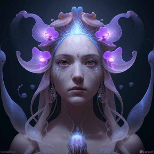 AI generated: Goddess close-up portrait ribcagel. jellyfish phoenix head, nautilus, orchid, skull, betta fish, bio...
