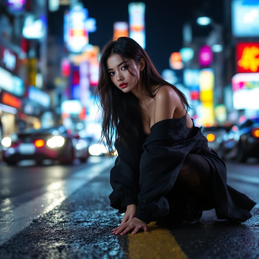 AI generated: A highly attractive asian woman who is Crouching low with hands on the ground . She is wearing  blac...