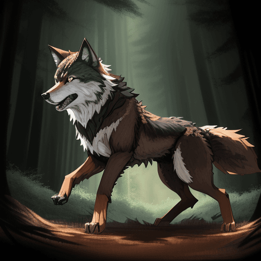 AI generated: Wolf, black and brown colored wolf, in forest setting, concept art, anime, 2D, anime, portrait, full...