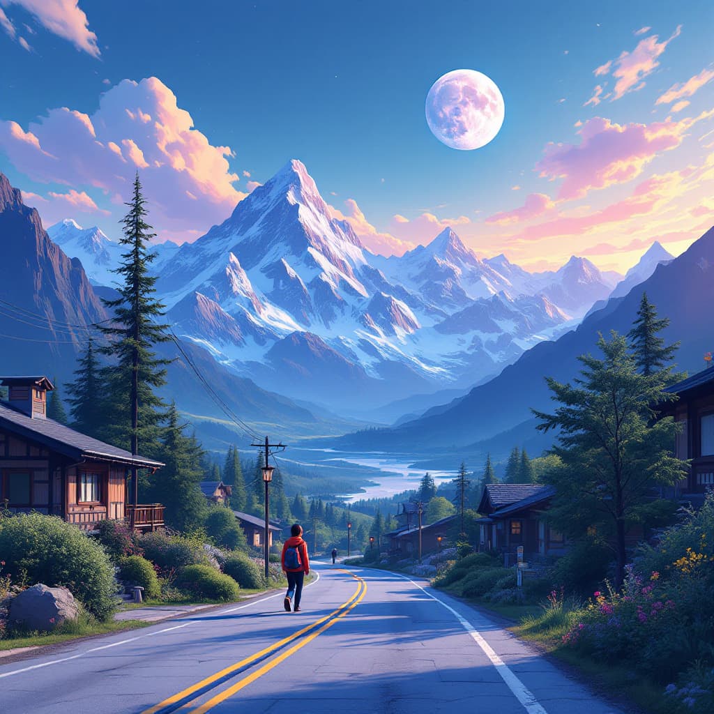 AI generated: person walking down a street with mountains in the background| inspired by Beeple| digital art| beau...