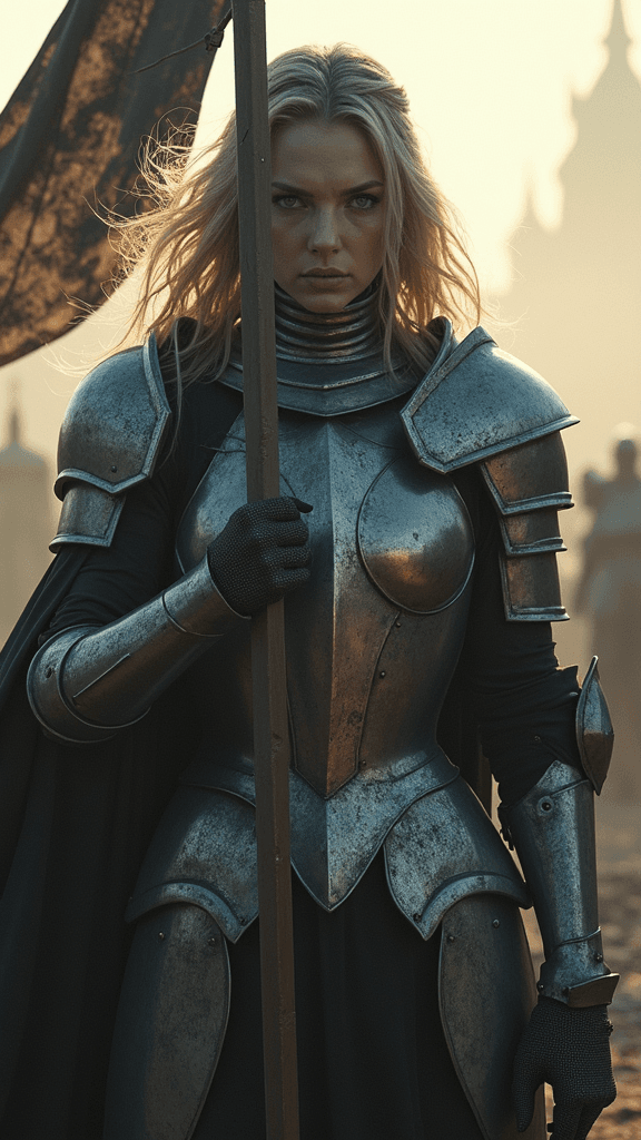 AI generated: Mysterious armored female knight, with flowing hair and intricate armor, bathed in soft, ambient lig...