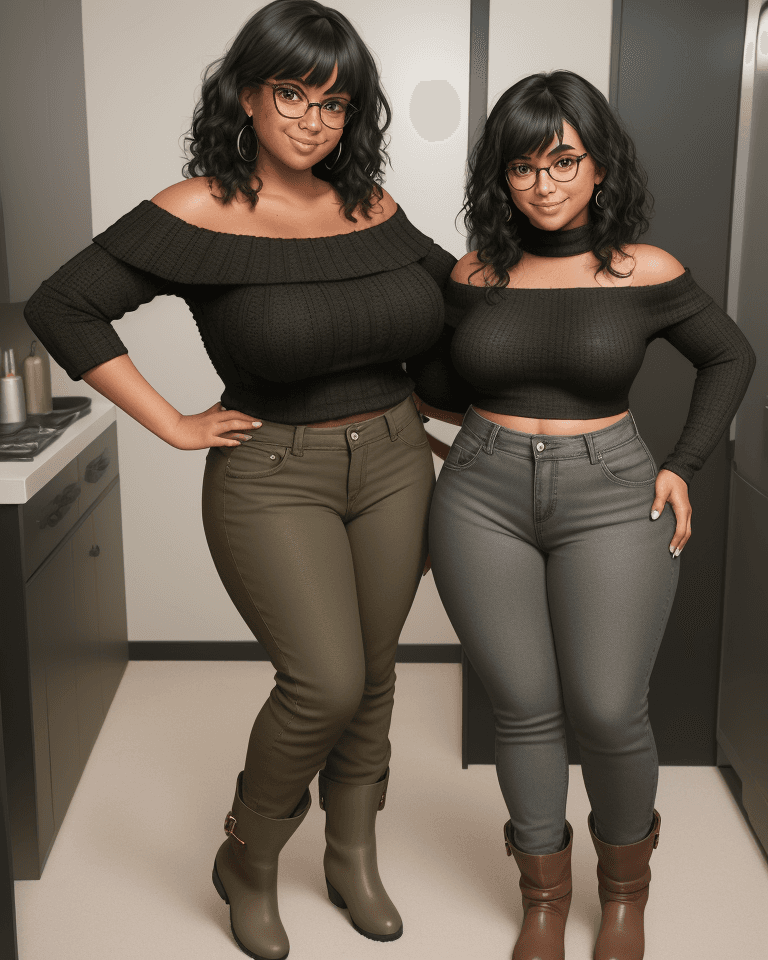 AI generated: tan woman, thick eyebrows, freckles, short black wavy hair with long bangs, wearing a black knitted ...