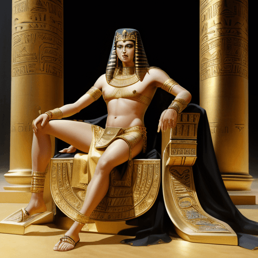 AI generated: Prince pharaon, de grande taille, tête aux cheveux rasés,  habillé comme un pharaon, sandales en pea...