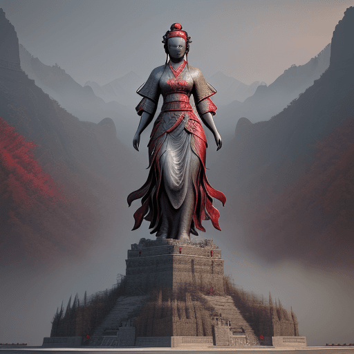 AI generated: a large statue with a woman looking at it, in the style of unreal engine 5, northern china's terrain...