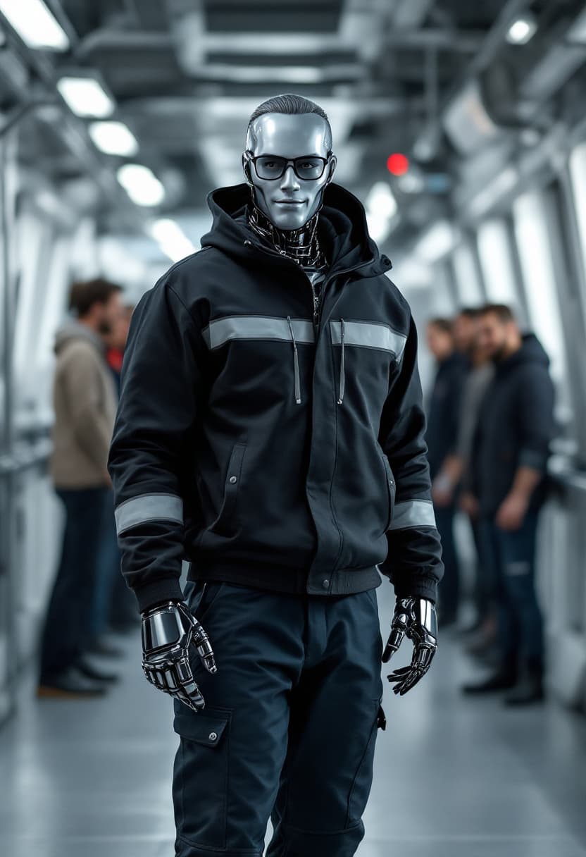 AI generated: "A humanoid robot designed to look like a man, gentle eys, wearing reading reyban glasses, wearing r...
