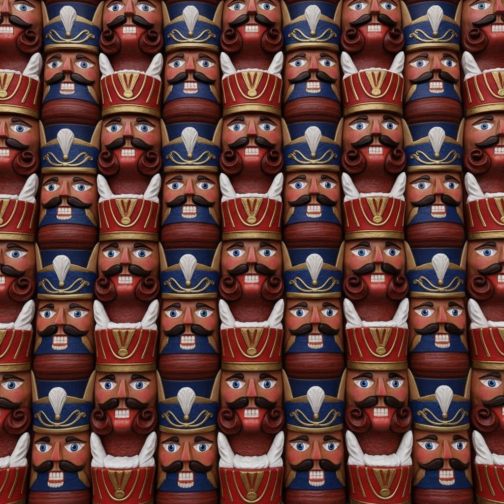 AI generated: Nutcracker soldier faces, ultra-realistic repeating 3D pattern.