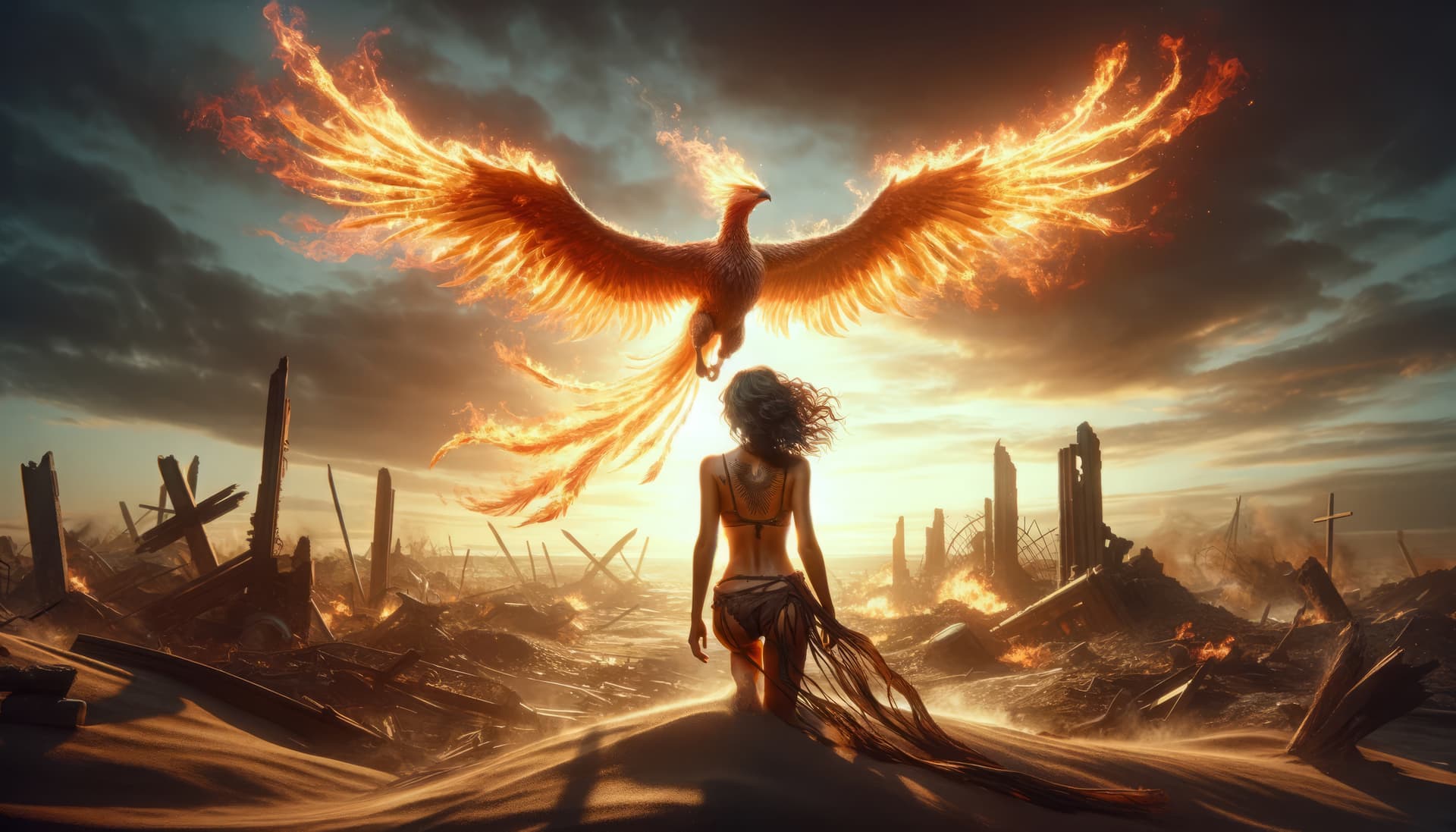 AI generated: A majestic phoenix with flames trailing from its wings and tail, soaring in the sky above a desolate...