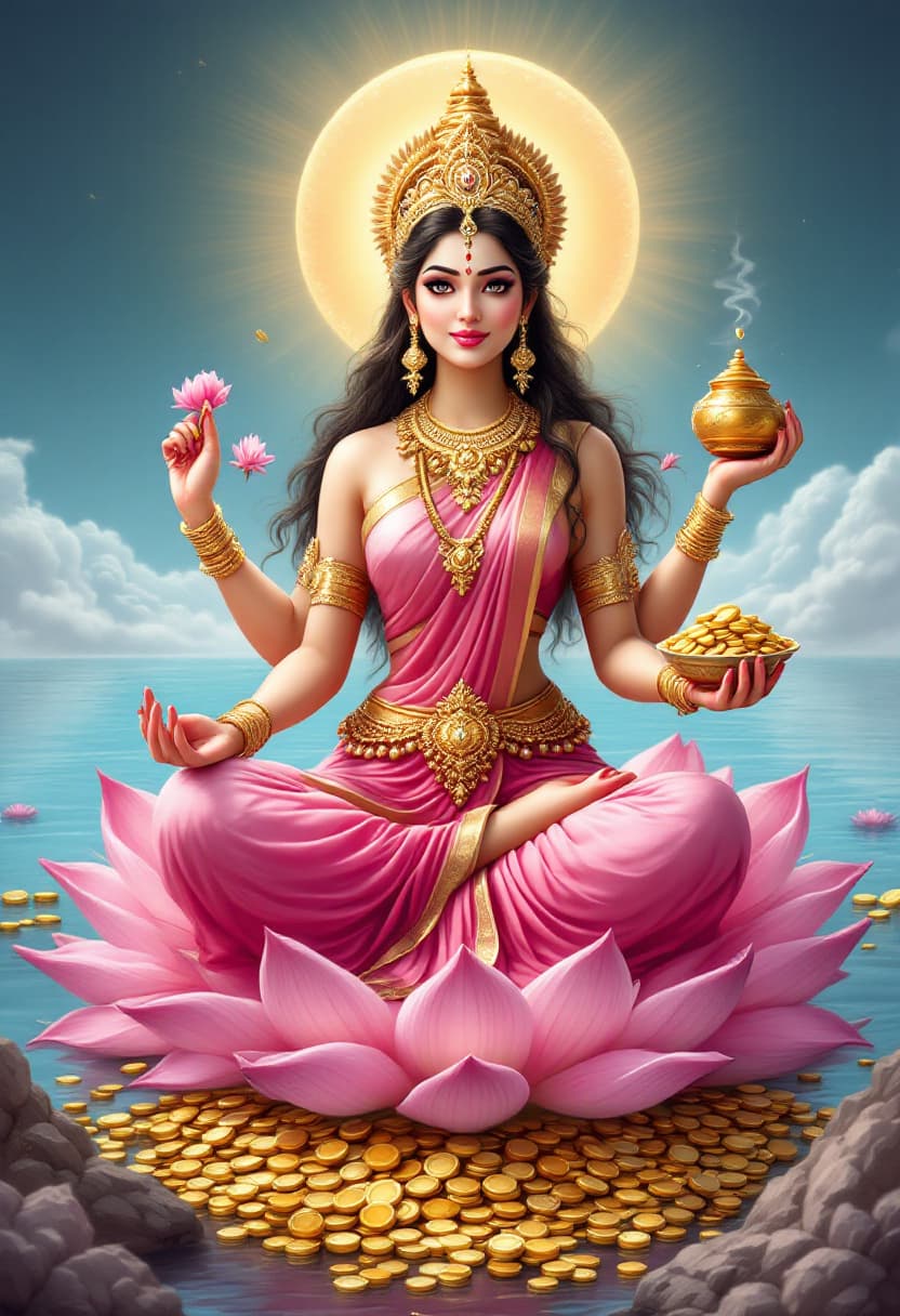 AI generated: A beautiful Laksmi goddess in a pink sari,4 arms,holding golden pot with coins and lotus buds,blessi...