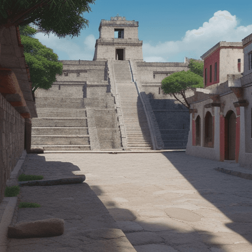 AI generated: High resolution photography Mexico, Aztec City, aesthetic anime style, nordic palette, visual novel ...