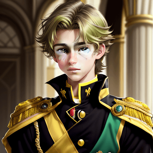 AI generated: young prince 18 year old prince with dark streaked hair and yellowish green eyes
