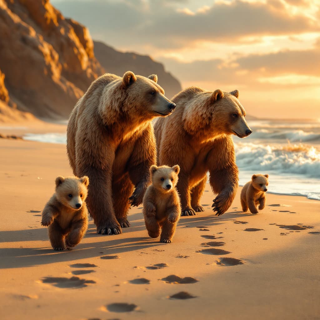 AI generated: Hyper-detailed illustration of a family of four bears—two large adult bears and two playful bear cub...