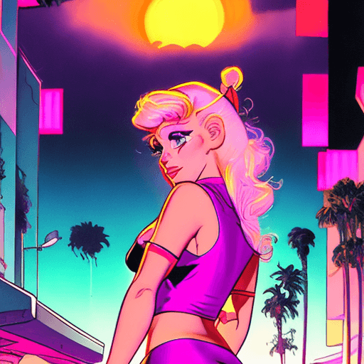 AI generated: A synthwave girl in Los Angeles at night, Synthwave aesthetic. Art by Don Bluth