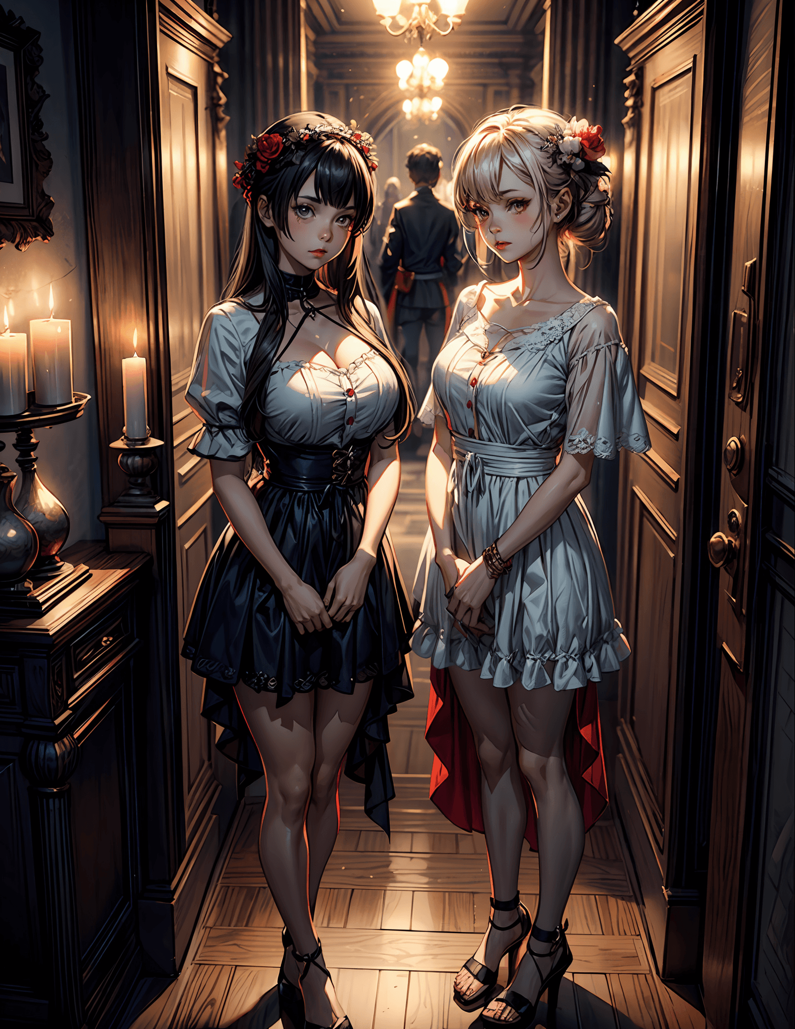 AI generated: a couple of women standing next to each other holding candles, inspired by WLOP, cgsociety contest w...
