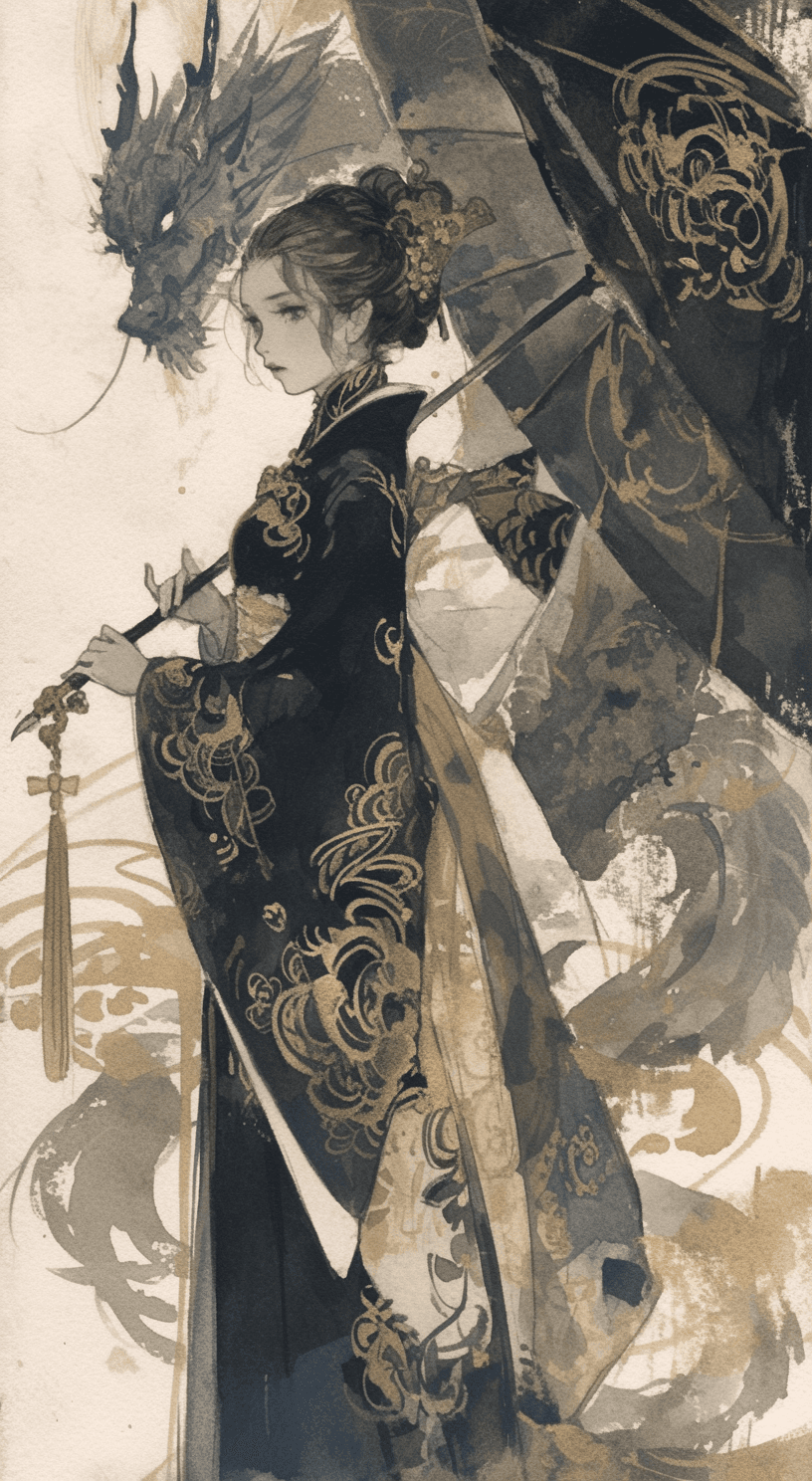 AI generated: china black brush painting, in the style of kazuki takamatsu, loose compositions, théodore géricault...