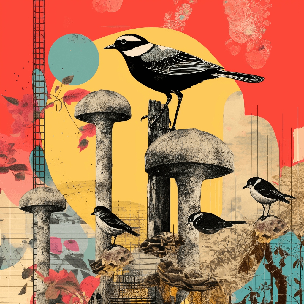 AI generated: a collage illustration of birds and giant mushrooms in a dystopic natural environment, collage retro...