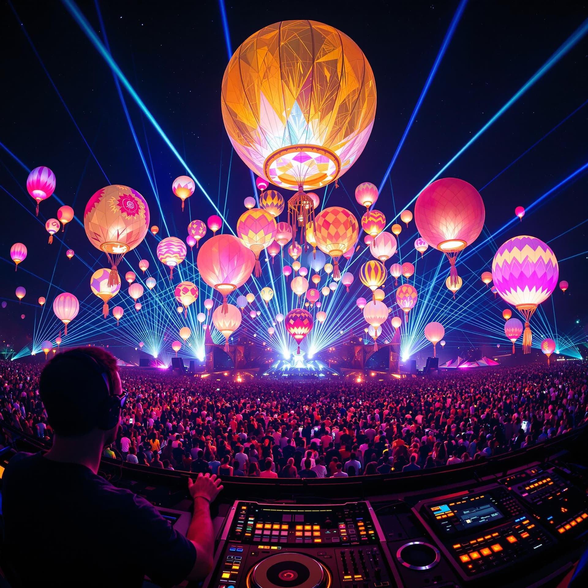 AI generated: The view from the DJ booth of a transcendental music festival with thousands of attendees, laser lig...