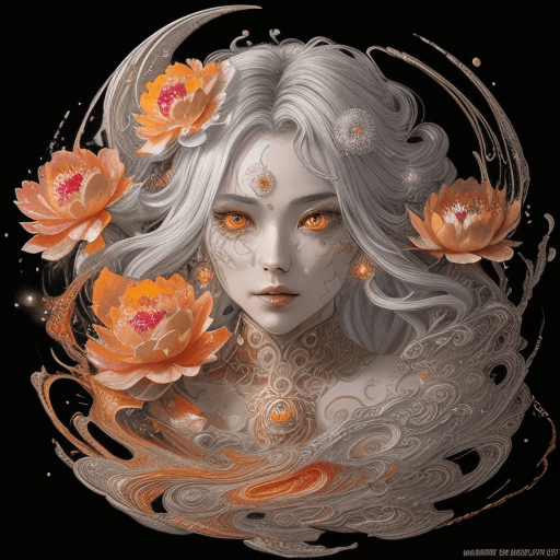 AI generated: [Jupiter, splash art, a close up liquid luminous moon lady made of colors, silver, red, orange, ligh...