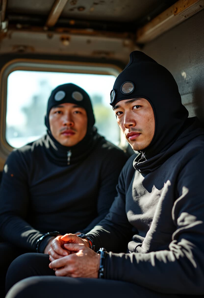AI generated: Two male Asian born Chinese strong swimmers wearing compression jammers were arrested in day time. T...