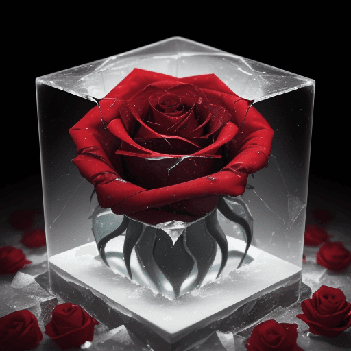 AI generated: close-up photo of a beautiful red rose breaking through a cube made of ice , splintered cracked ice ...