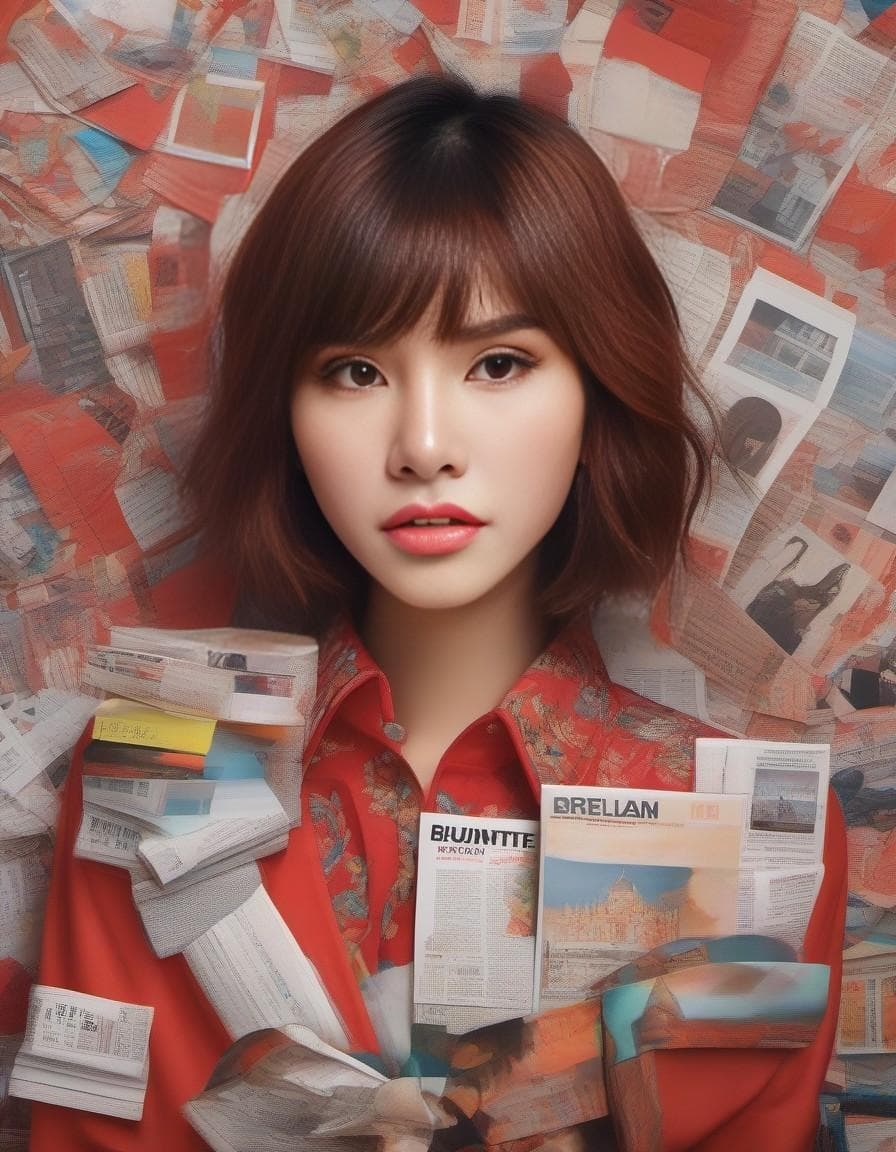 AI generated: A painting of a red short haired girl surrounded by newspapers, holding a small box in one hand. Whi...