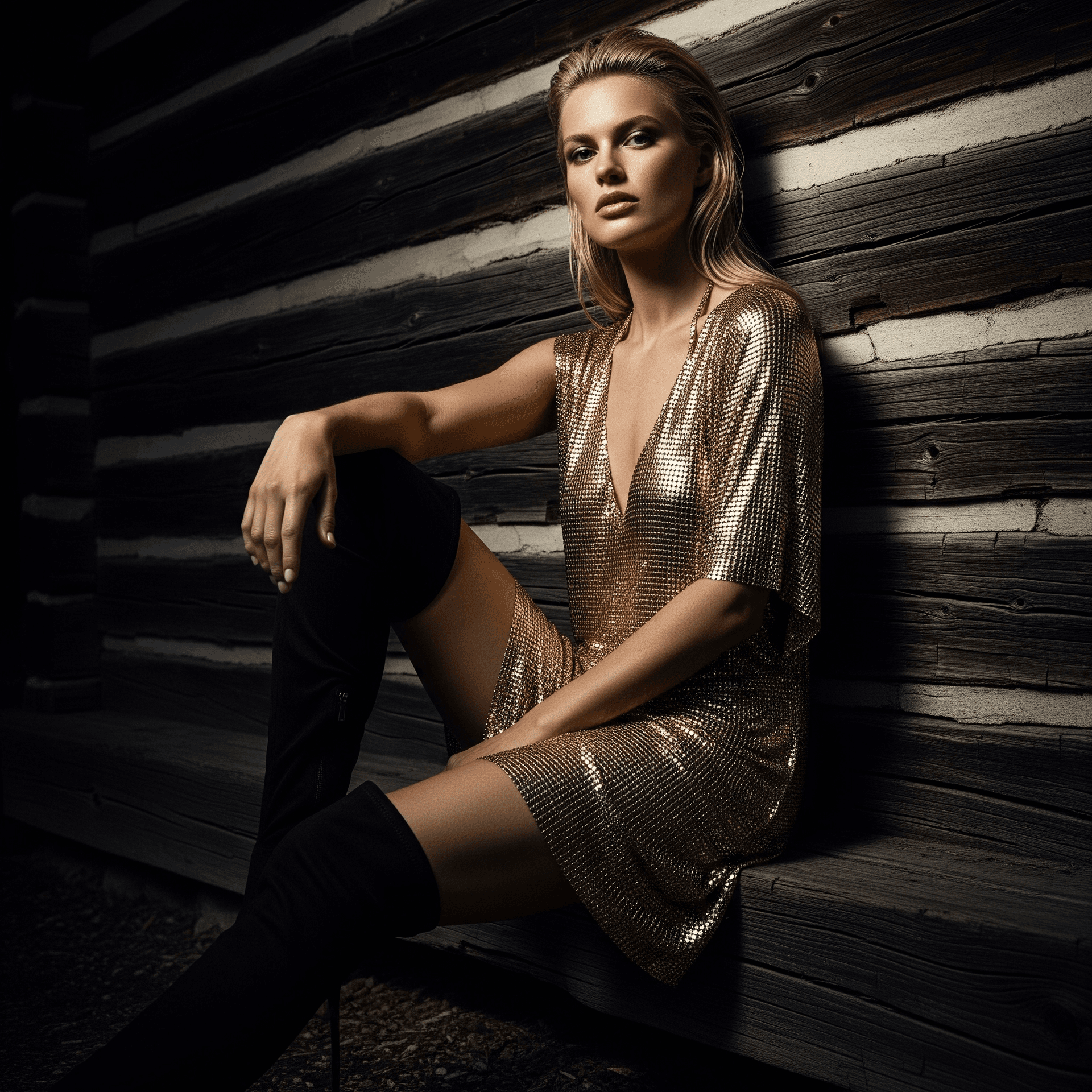 AI generated: High-fashion editorial photograph. A powerful blonde woman wearing a chainmail gold mini-dress and t...