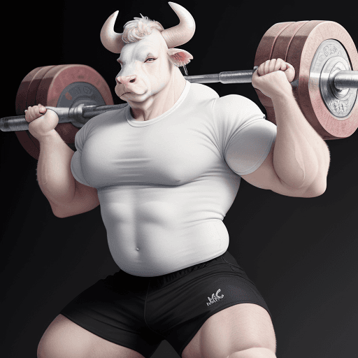 AI generated: White Nelore bull, anthropomorphic adult cattle, a Weightlifter, very strong, doing a lot of strengt...