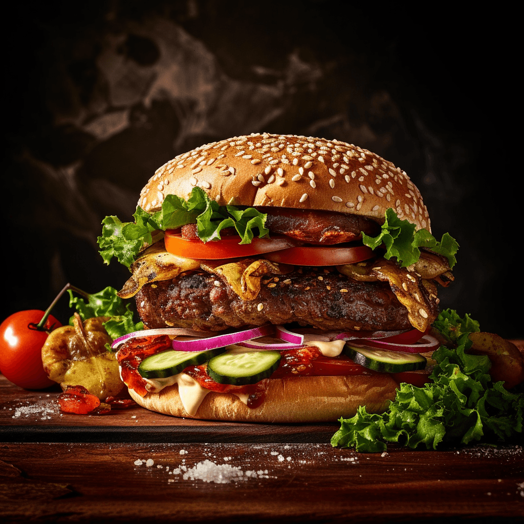 AI generated: food photography , studio photography ,burger patty ,focus on the delicious patty, vibrant toppings,...