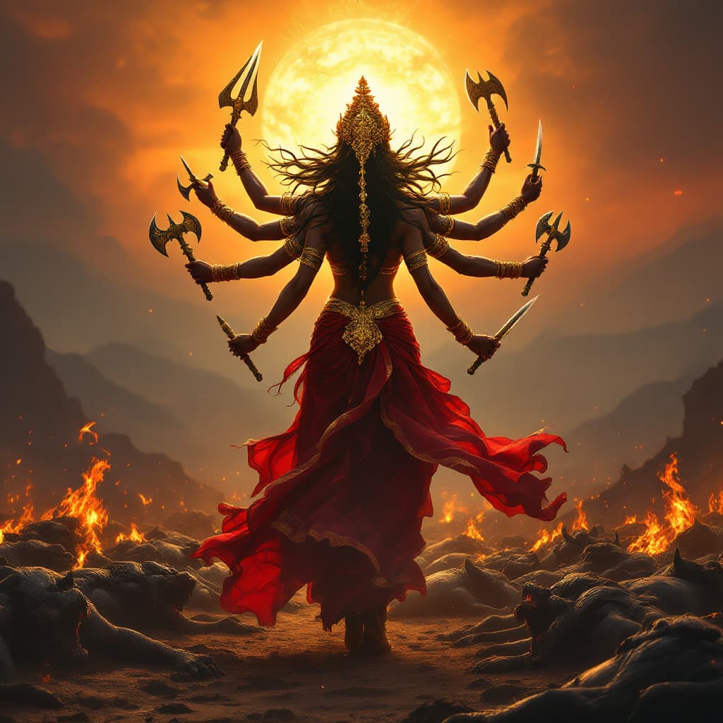 AI generated: An ultra-realistic, full-body portrait of Goddess Durga, viewed from behind, standing triumphantly o...
