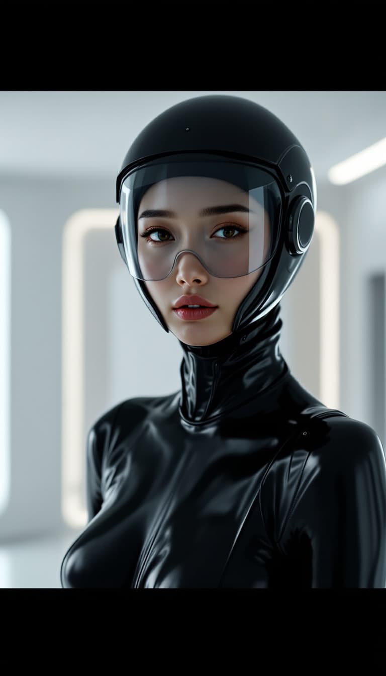 AI generated: Close-up shot of an asian woman wearing a black latex outfit and full-face helmet, standing in a whi...