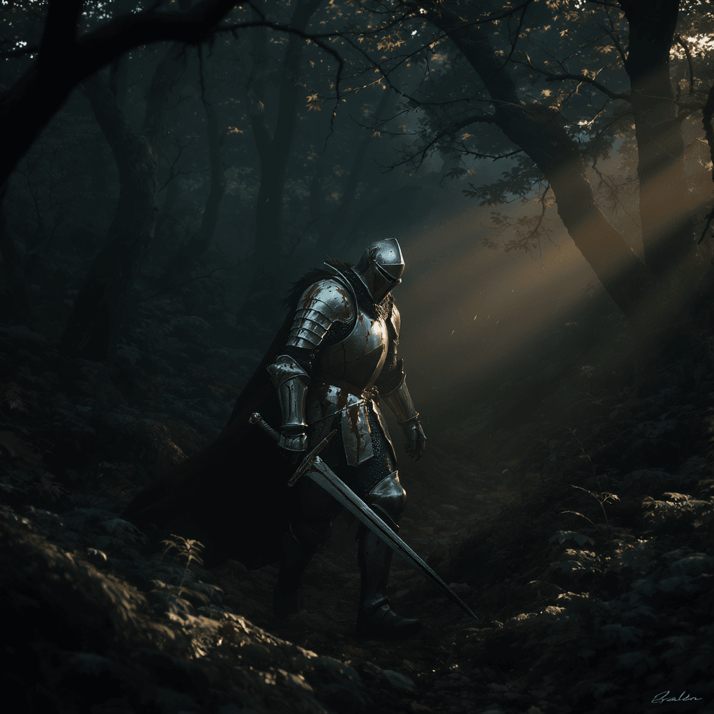 AI generated: A medieval knight, Sir Kaelen, in damaged and bloody armor, limps through a dense fantasy forest at ...