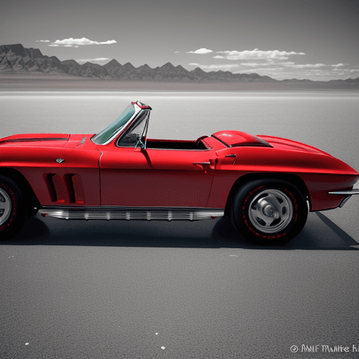 AI generated: side view, red 1964 Chevrolet Corvette on the Bonneville salt flats in utah, in the style of light g...
