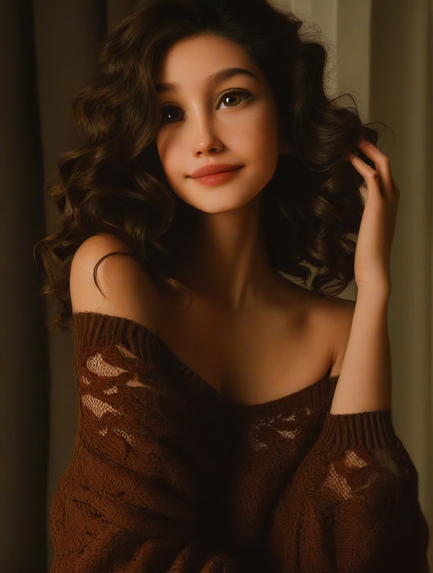 AI generated: Woman with wavy dark brown hair, wearing an off-shoulder oversized brown lace sweater. She looks sof...