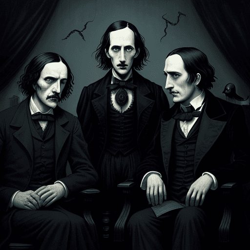 AI generated: A portrait of Raven, Edgar Allan Poe, and H.P. Lovecraft seated in a dimly lit room, with a sense of...